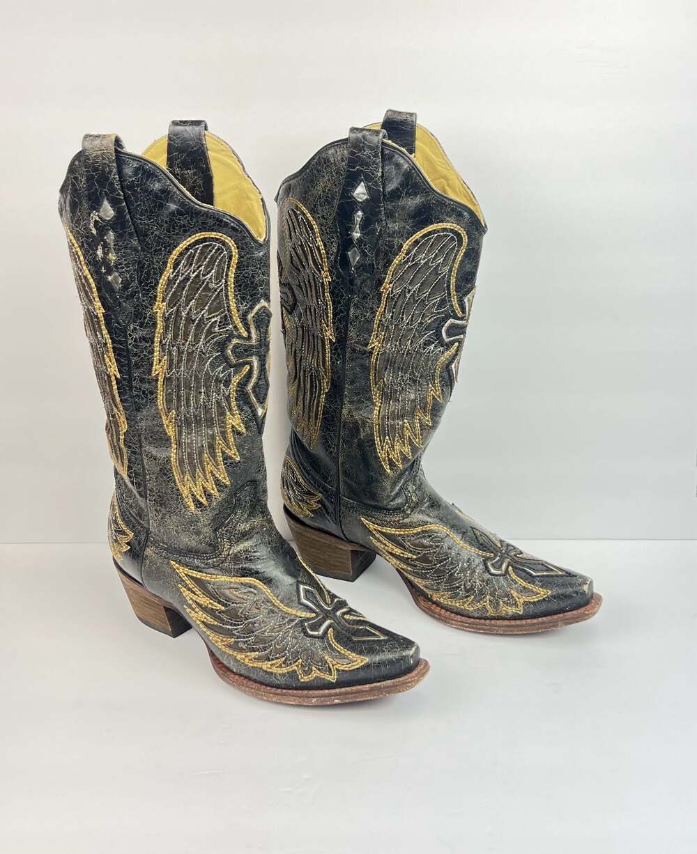 Corral Vintage Black Leather Cowboy Boots with Gold Wing and Cross Embroidery